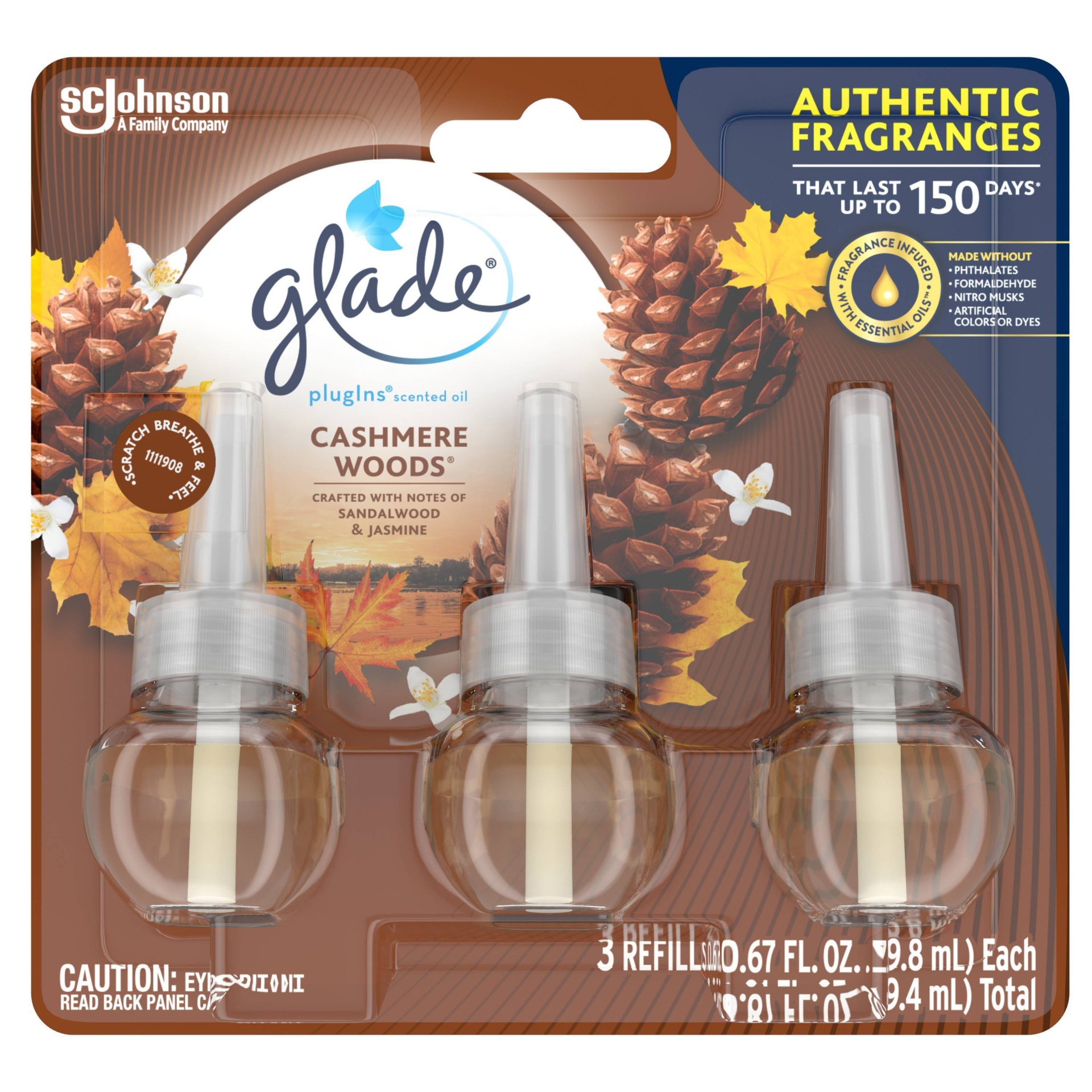 slide 1 of 4, Glade Cashmere Woods Plug-In Scented Oil Refill, 3 ct