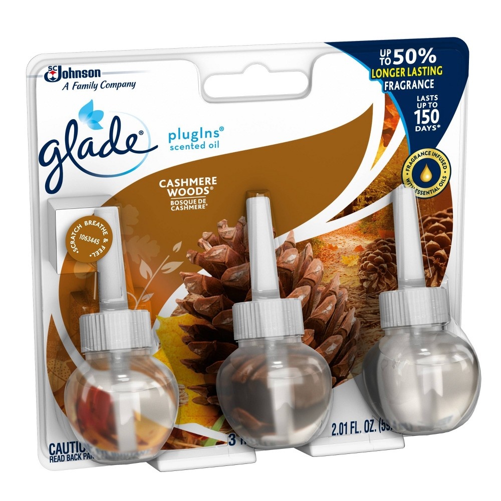 slide 4 of 4, Glade Cashmere Woods Plug-In Scented Oil Refill, 3 ct