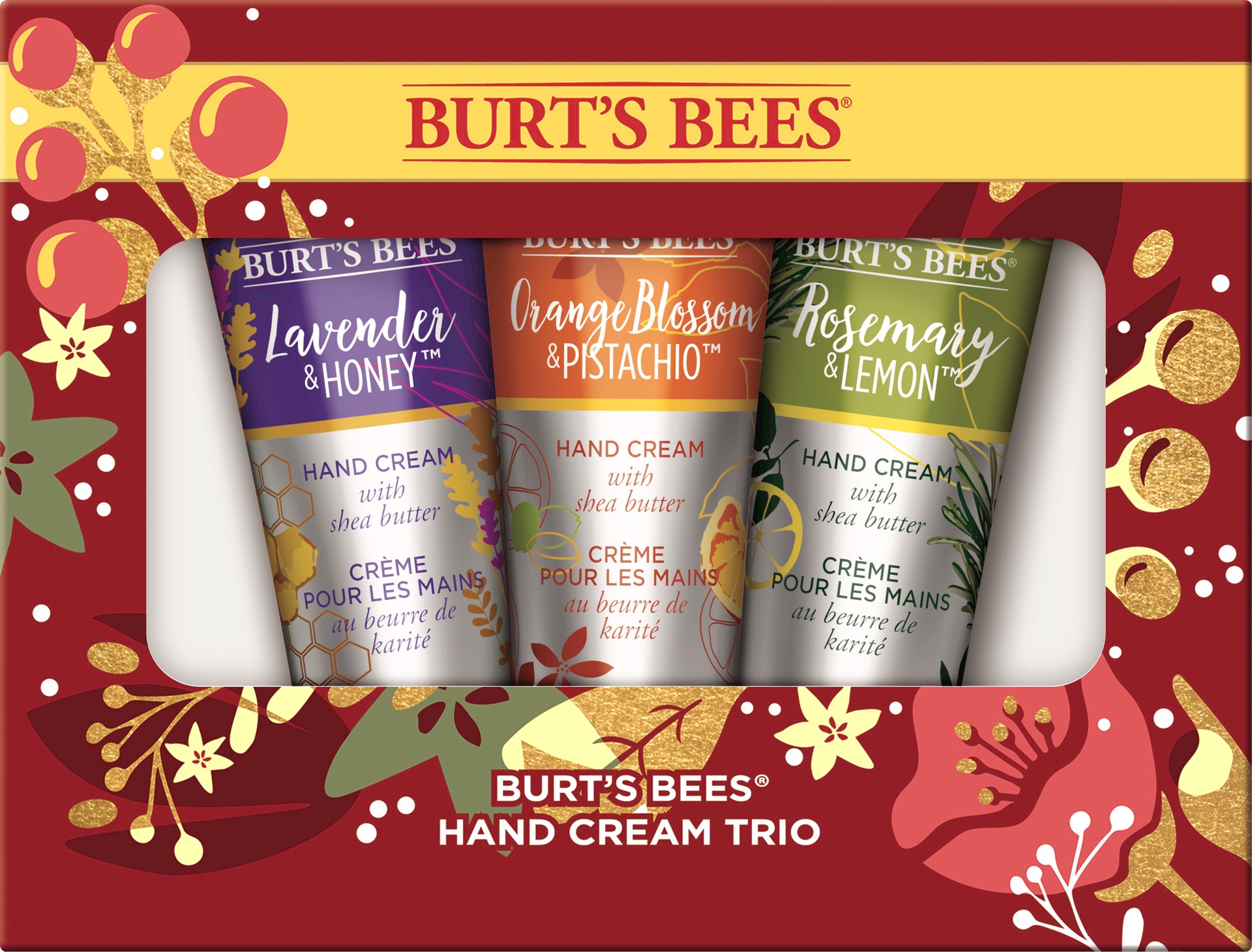 slide 1 of 1, Burt's Bees Hand Cream Trio Holiday Gift Set, Shea Butter Hand Creams, 3 Skin Care Products in Festive Gift Box, Lavender & Honey, Orange Blossom & Pistachio and Rosemary & Lemon, 1 ct