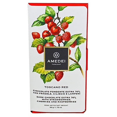 slide 1 of 1, Amedei Toscana Red Dark Chocolate with Strawberries, Cherries and Raspberries, 50 gram