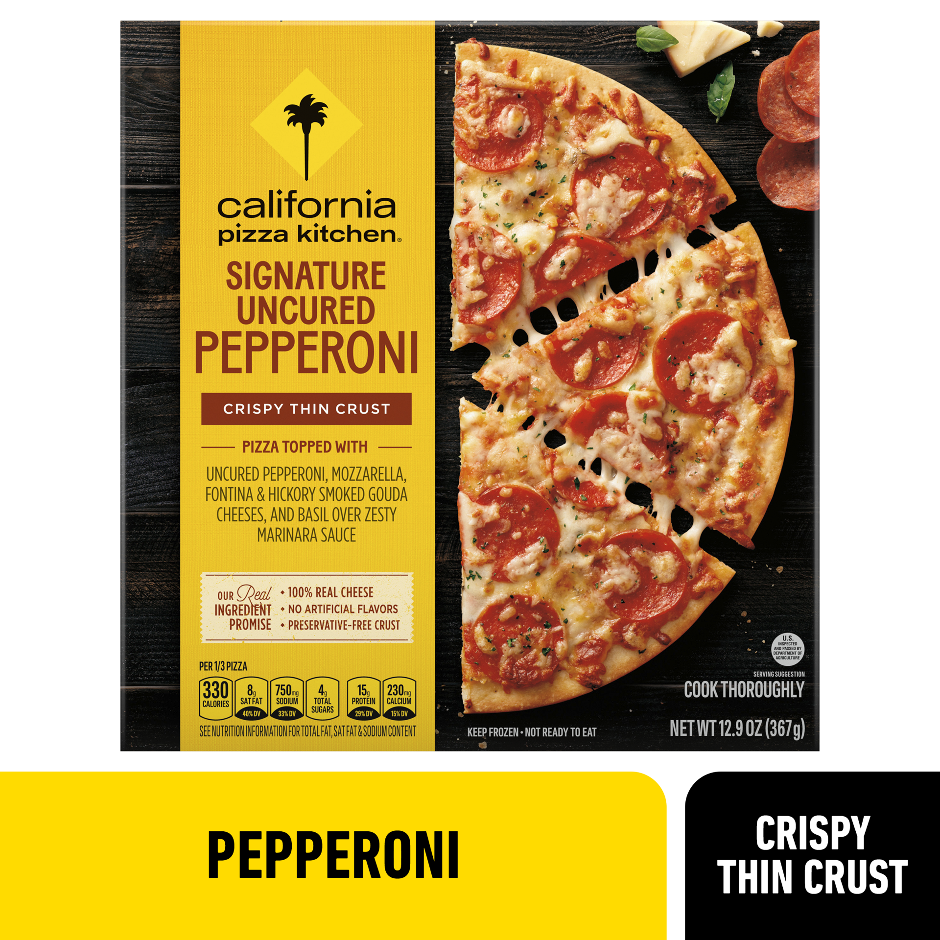 slide 1 of 9, California Pizza Kitchen Signature Uncured Pepperoni Frozen Pizza with Crispy Thin Crust, 12.9 Oz, 12.9 oz