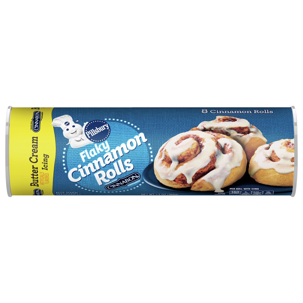 slide 1 of 9, Pillsbury Flaky Cinnamon Rolls with Cinnabon Cinnamon and Butter Cream Icing, Refrigerated Canned Pastry Dough, 8 Rolls, 13 oz, 8 ct