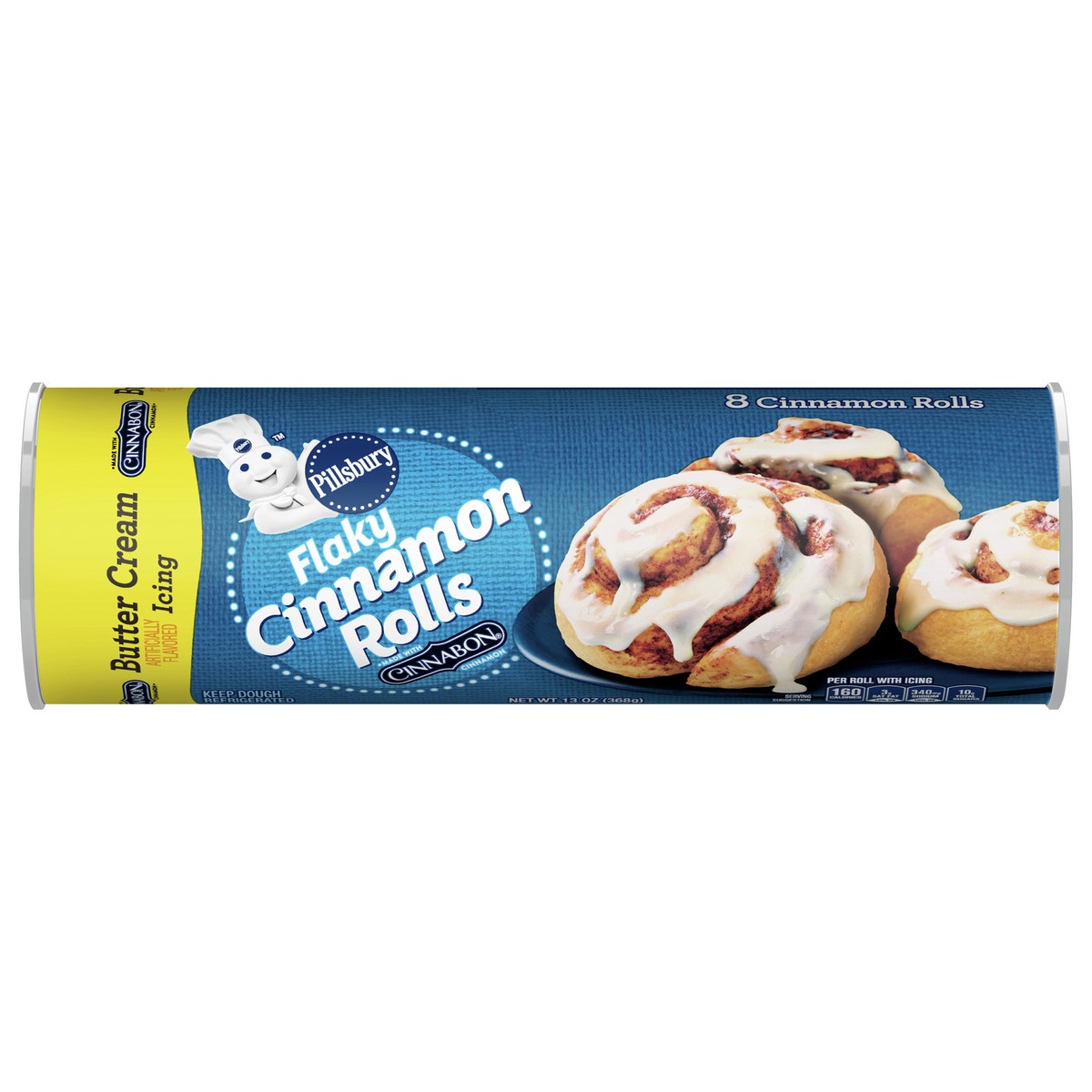 slide 1 of 9, Pillsbury Flaky Cinnamon Rolls with Cinnabon Cinnamon and Butter Cream Icing, Refrigerated Canned Pastry Dough, 8 Rolls, 13 oz, 8 ct