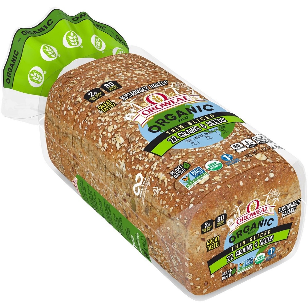 slide 2 of 8, Oroweat Organic Thin Sliced 22 Grains & Seeds Bread, 20 oz