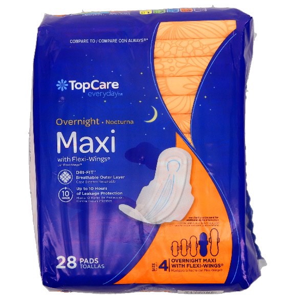 slide 1 of 9, TopCare Everyday Size 4 Overnight Maxi Pads with Flexi-Wings 28 ea, 28 ct