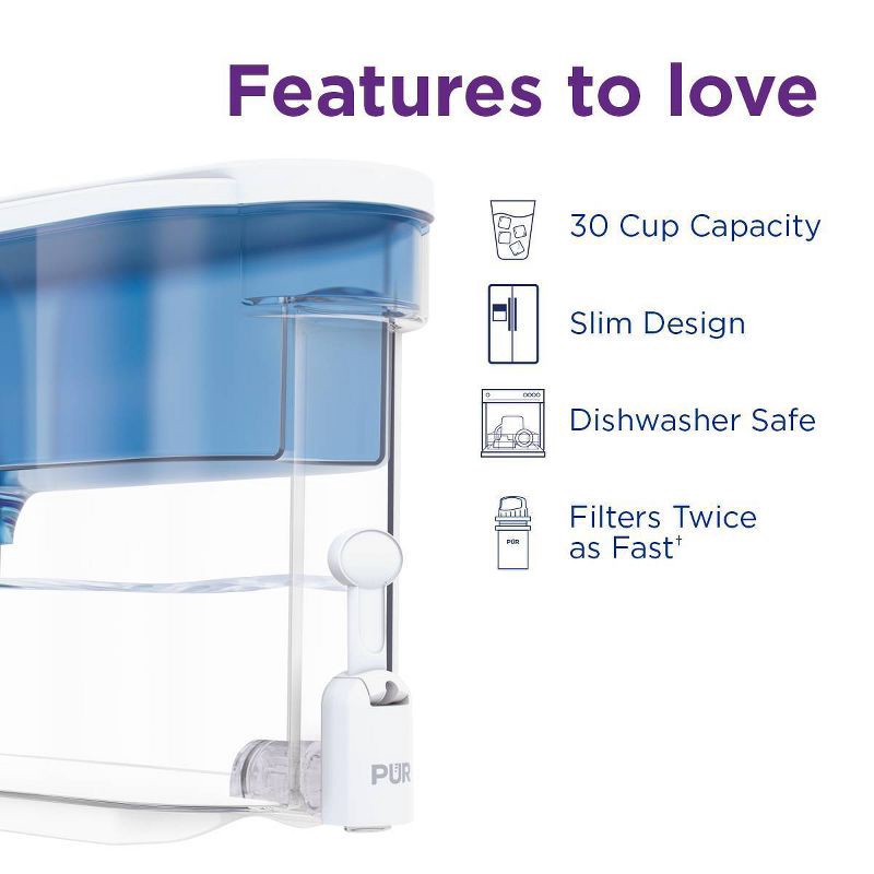 slide 3 of 8, PUR Filtration PUR Classic 30-Cup Water Dispenser Filtration System - Blue/White: BPA-Free, Filters Chlorine & Mercury, 40-Day Filter Life, 1 ct