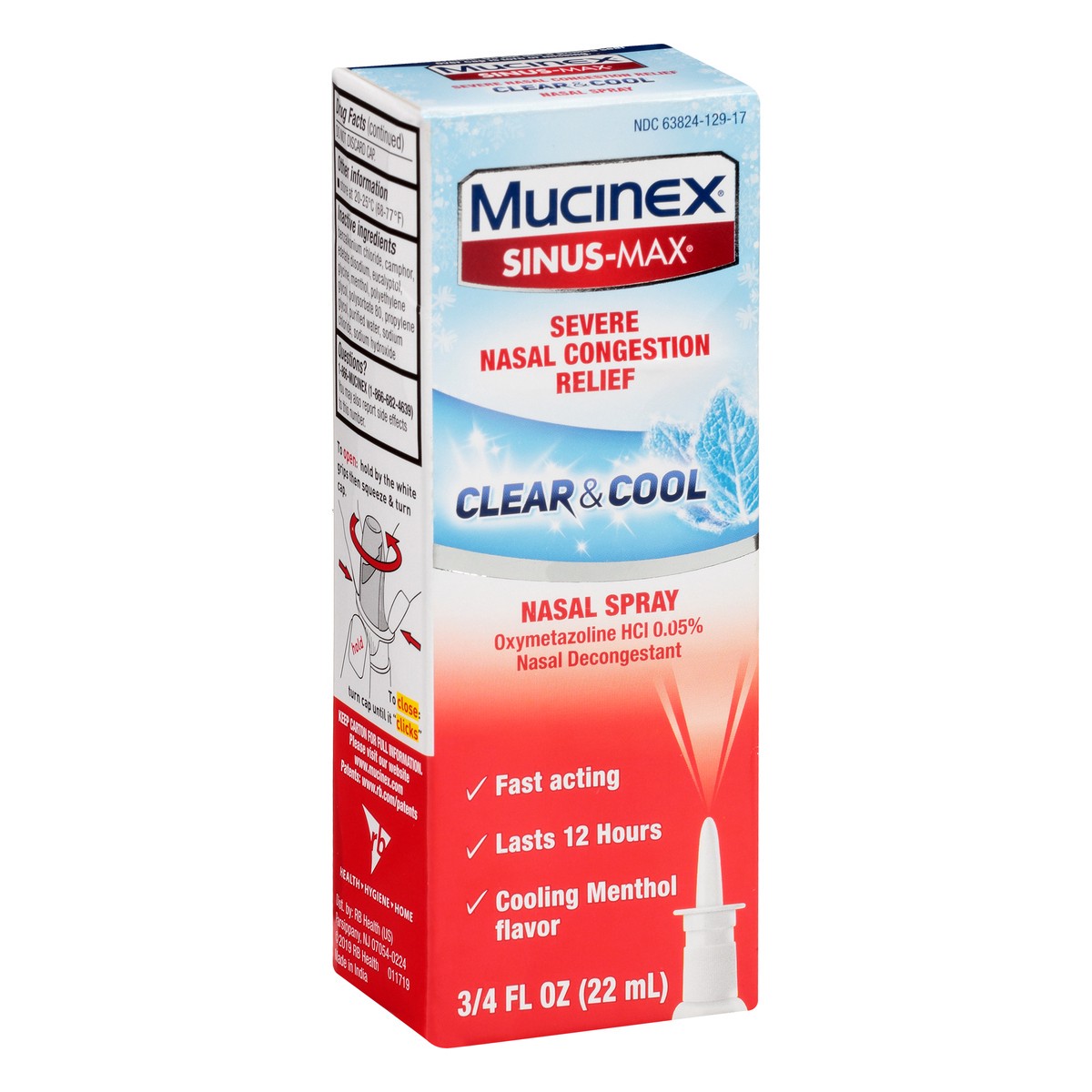 slide 2 of 9, Mucinex Sinus-Max Severe Nasal Congestion Relief Clear & Cool Nasal Spray, 0.75 fl. oz., Lasts 12 Hours, Fast Acting, Cooling Menthol Flavor, 0.75 fl oz