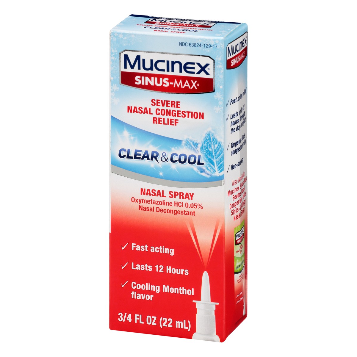 slide 3 of 9, Mucinex Sinus-Max Severe Nasal Congestion Relief Clear & Cool Nasal Spray, 0.75 fl. oz., Lasts 12 Hours, Fast Acting, Cooling Menthol Flavor, 0.75 fl oz