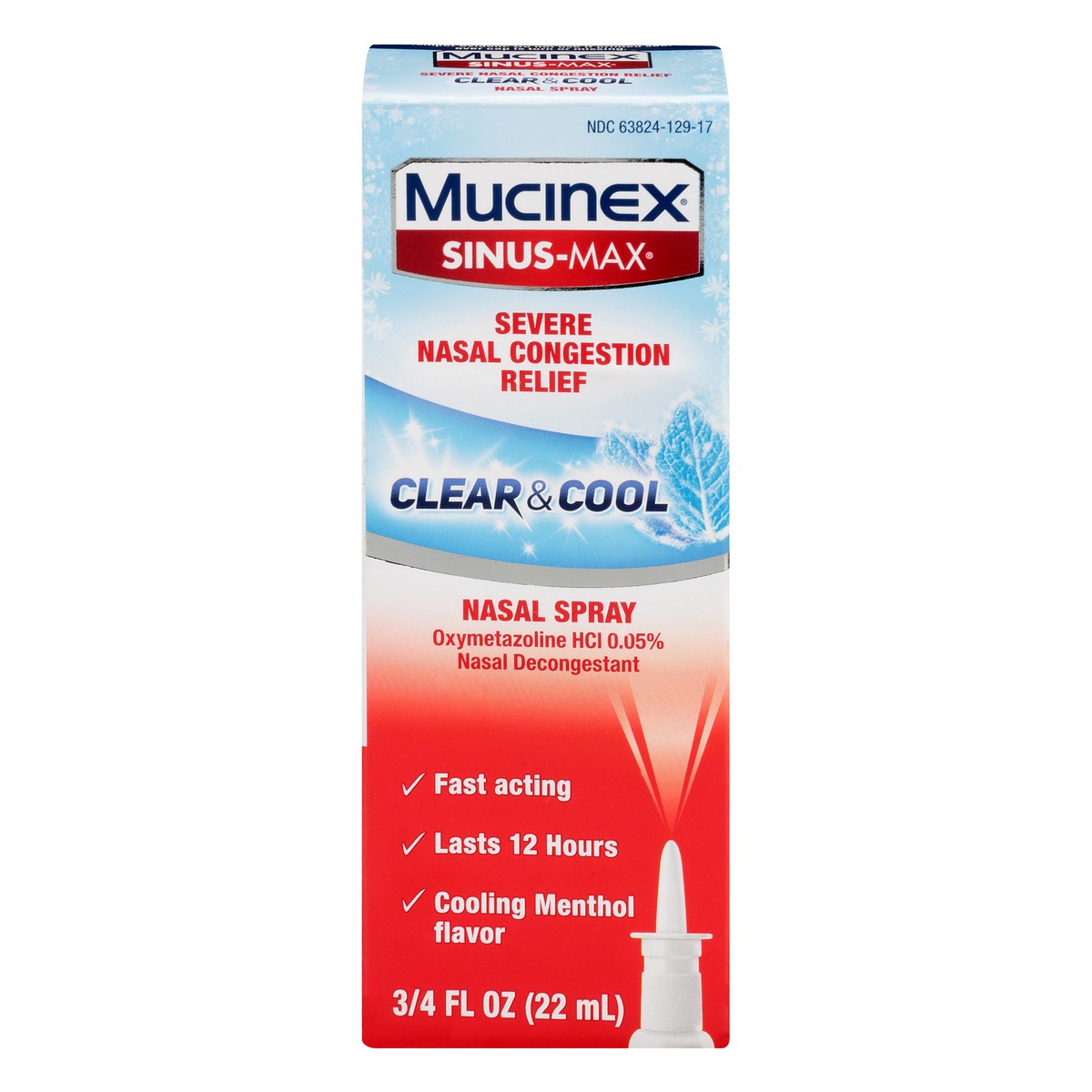 slide 1 of 9, Mucinex Sinus-Max Severe Nasal Congestion Relief Clear & Cool Nasal Spray, 0.75 fl. oz., Lasts 12 Hours, Fast Acting, Cooling Menthol Flavor, 0.75 fl oz