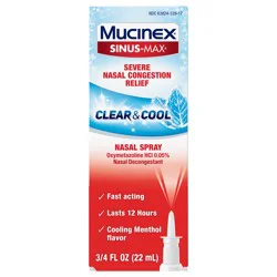 Mucinex Sinus-Max Severe Nasal Congestion Relief Clear & Cool Nasal Spray, 0.75 fl. oz., Lasts 12 Hours, Fast Acting, Cooling Menthol Flavor