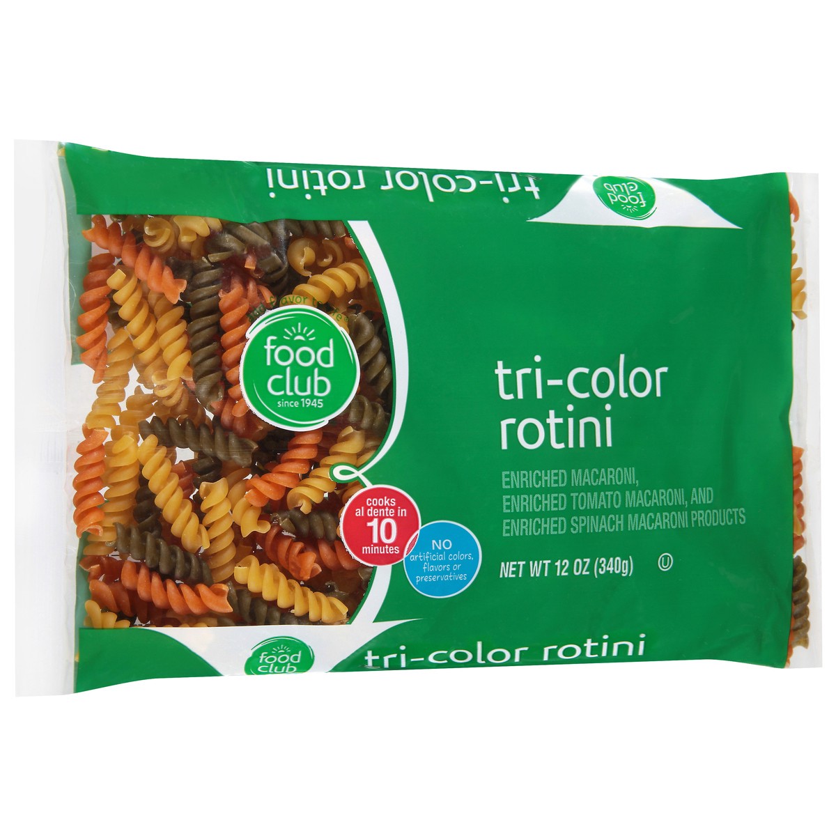 slide 2 of 11, Food Club Enriched Macaroni, Tomato, And Spinach Macaroni Product, Tri-color Rotini, 12 oz