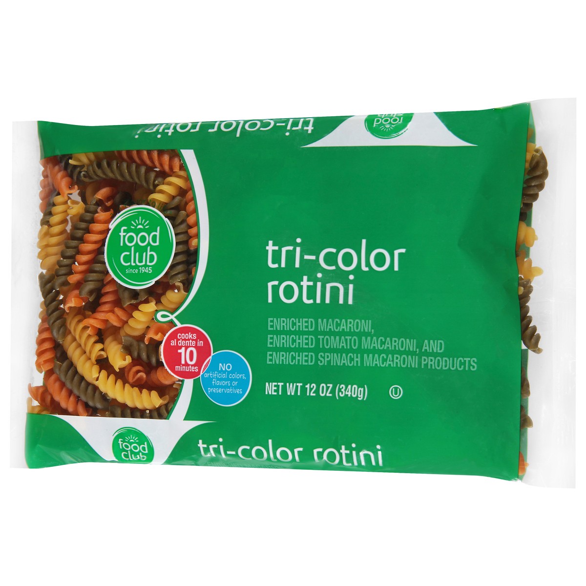 slide 3 of 11, Food Club Enriched Macaroni, Tomato, And Spinach Macaroni Product, Tri-color Rotini, 12 oz