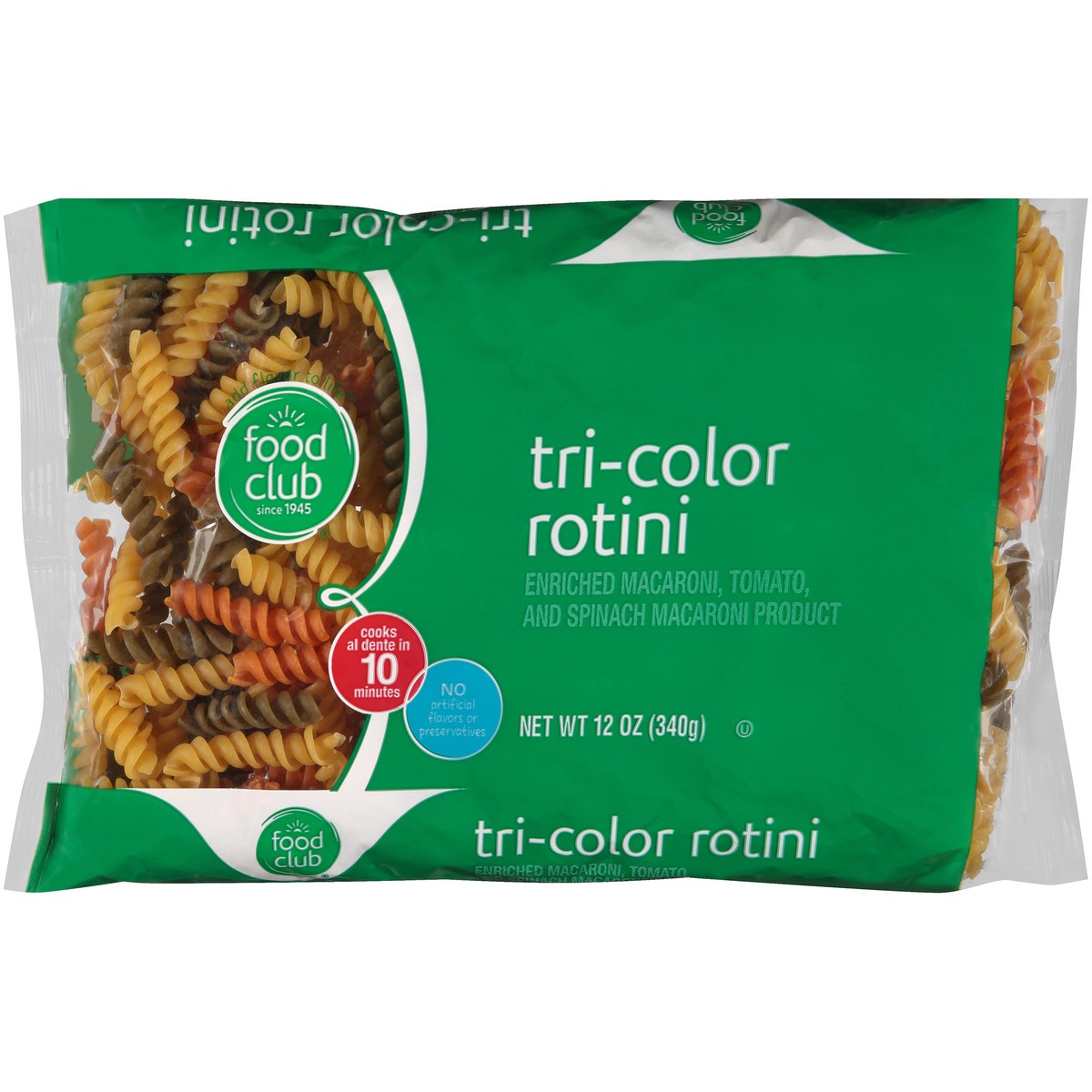 slide 1 of 11, Food Club Enriched Macaroni, Tomato, And Spinach Macaroni Product, Tri-color Rotini, 12 oz