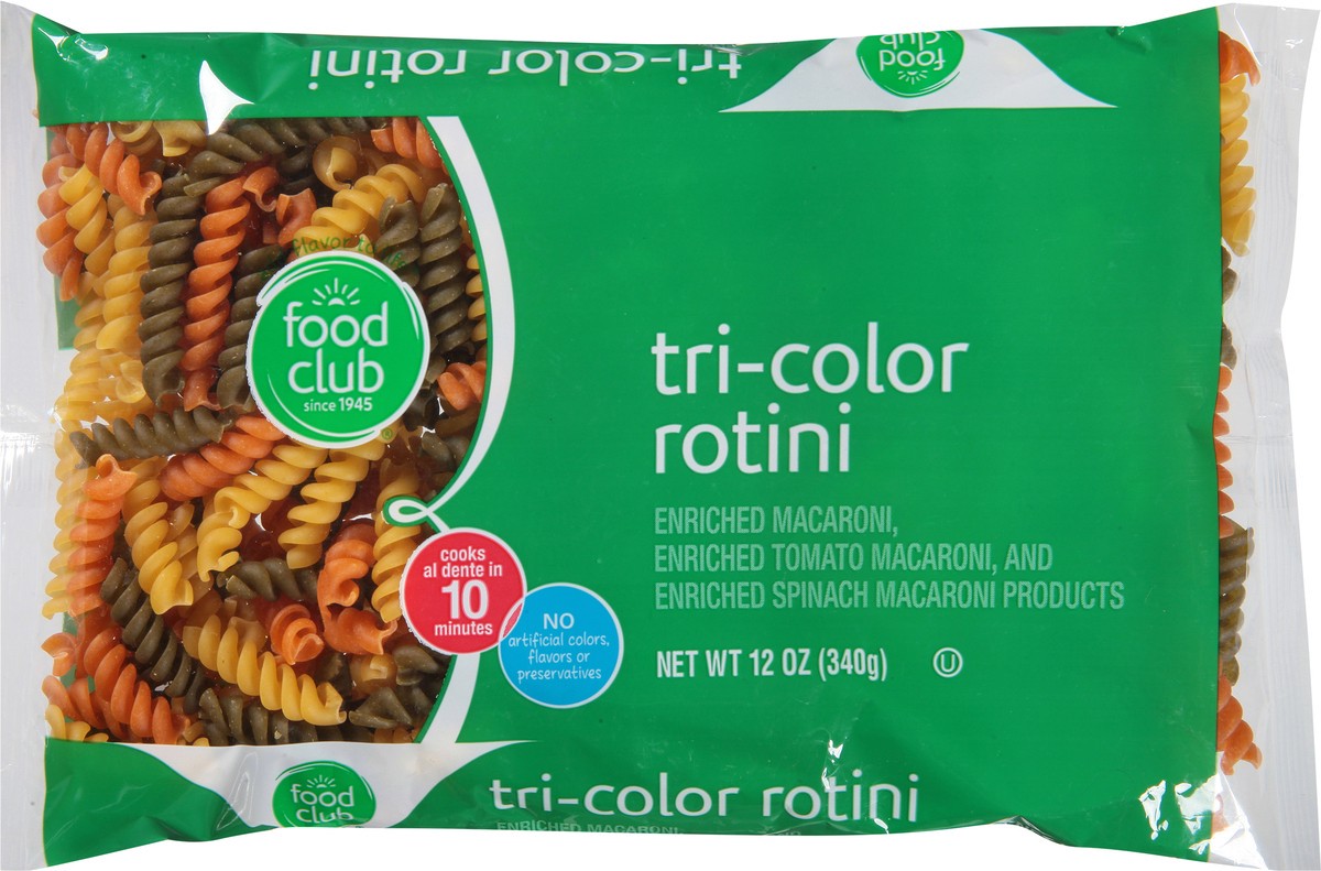 slide 9 of 11, Food Club Enriched Macaroni, Tomato, And Spinach Macaroni Product, Tri-color Rotini, 12 oz