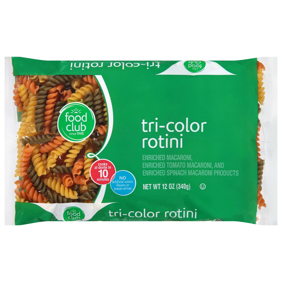 slide 11 of 11, Food Club Enriched Macaroni, Tomato, And Spinach Macaroni Product, Tri-color Rotini, 12 oz