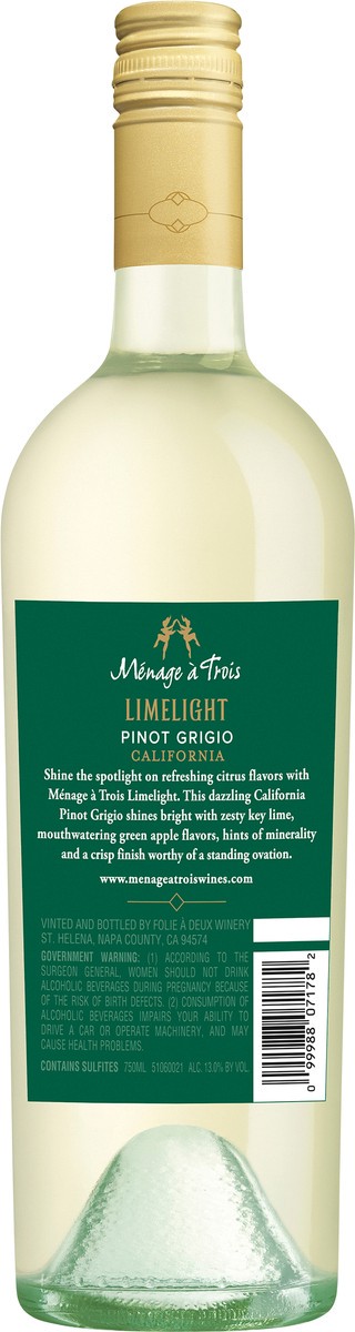 slide 2 of 3, Menage a trois Limelight California Pinot Grigio 750 ml, 750 ml