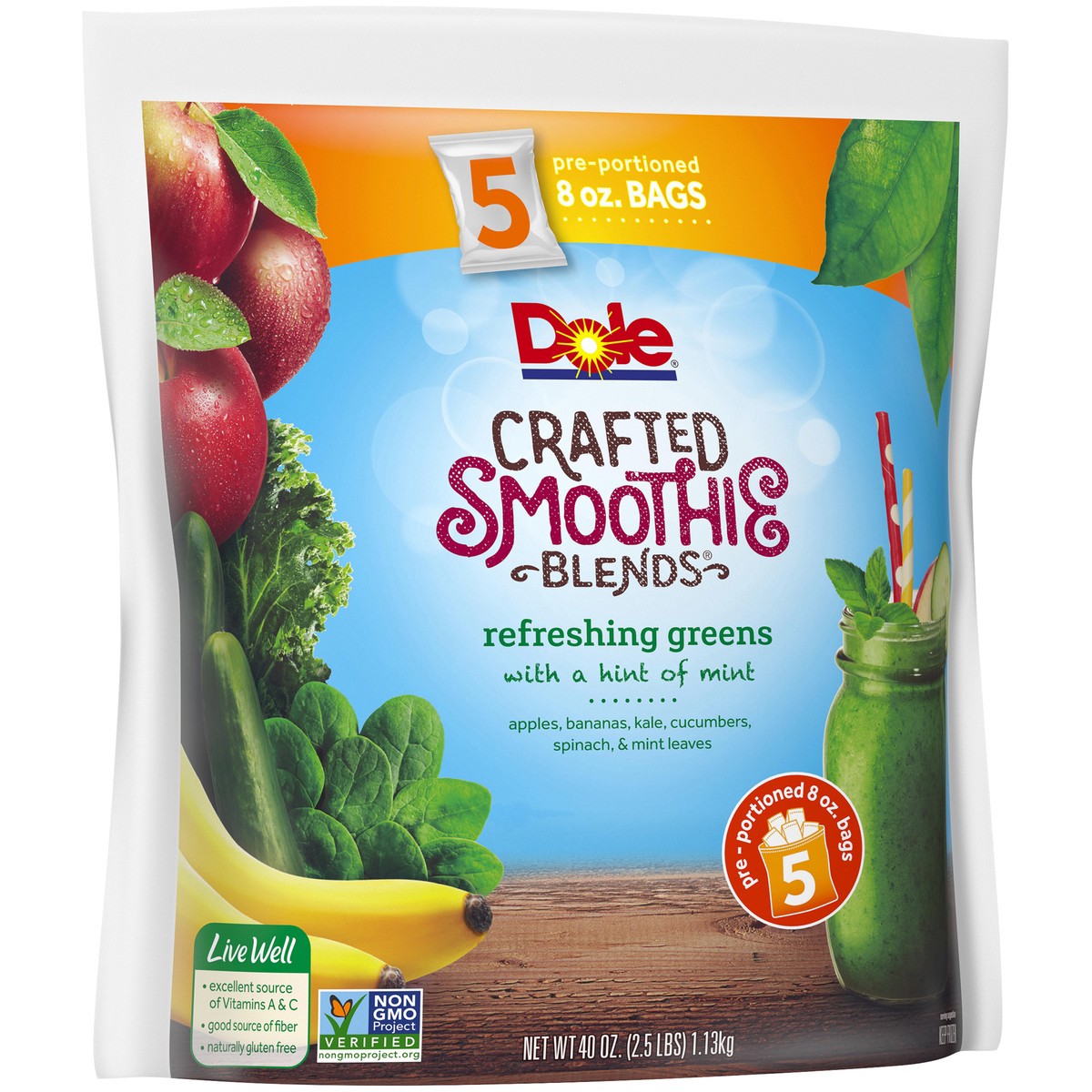 slide 11 of 11, DOLE CRAFTED SMOOTHIE BLENDS, Refreshing Greens with a Hint of Mint, 40 Ounce Bag with 5 Pre-Portioned Packets, 40 oz