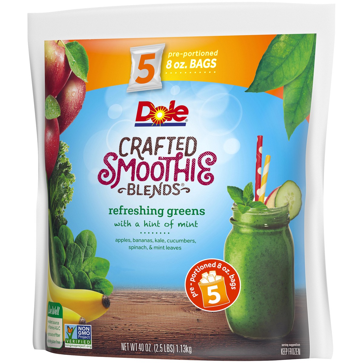 slide 8 of 11, DOLE CRAFTED SMOOTHIE BLENDS, Refreshing Greens with a Hint of Mint, 40 Ounce Bag with 5 Pre-Portioned Packets, 40 oz