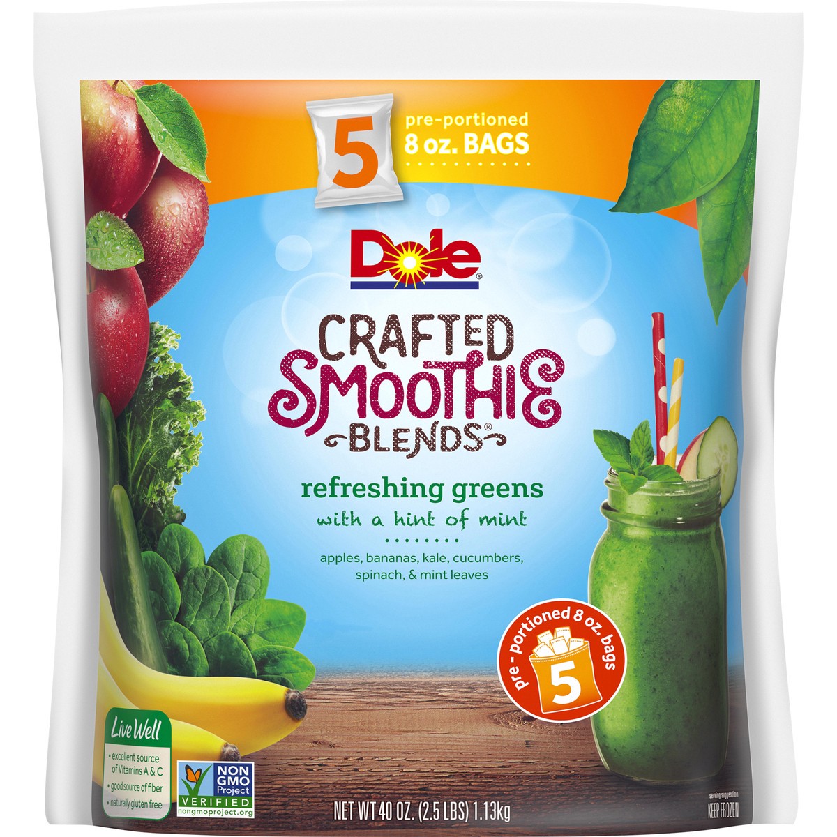 slide 1 of 11, DOLE CRAFTED SMOOTHIE BLENDS, Refreshing Greens with a Hint of Mint, 40 Ounce Bag with 5 Pre-Portioned Packets, 40 oz