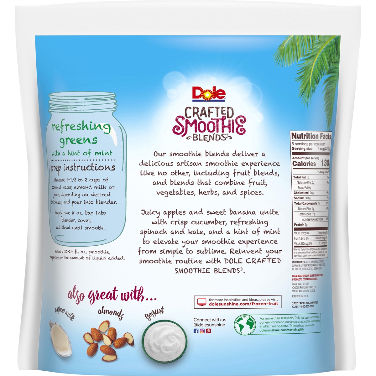 slide 6 of 11, DOLE CRAFTED SMOOTHIE BLENDS, Refreshing Greens with a Hint of Mint, 40 Ounce Bag with 5 Pre-Portioned Packets, 40 oz