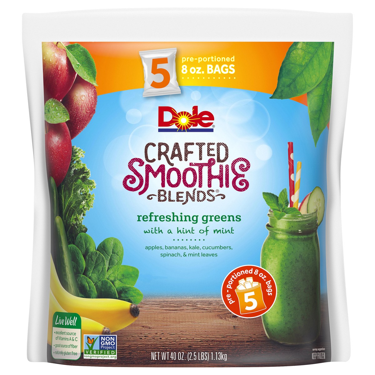 slide 5 of 11, DOLE CRAFTED SMOOTHIE BLENDS, Refreshing Greens with a Hint of Mint, 40 Ounce Bag with 5 Pre-Portioned Packets, 40 oz