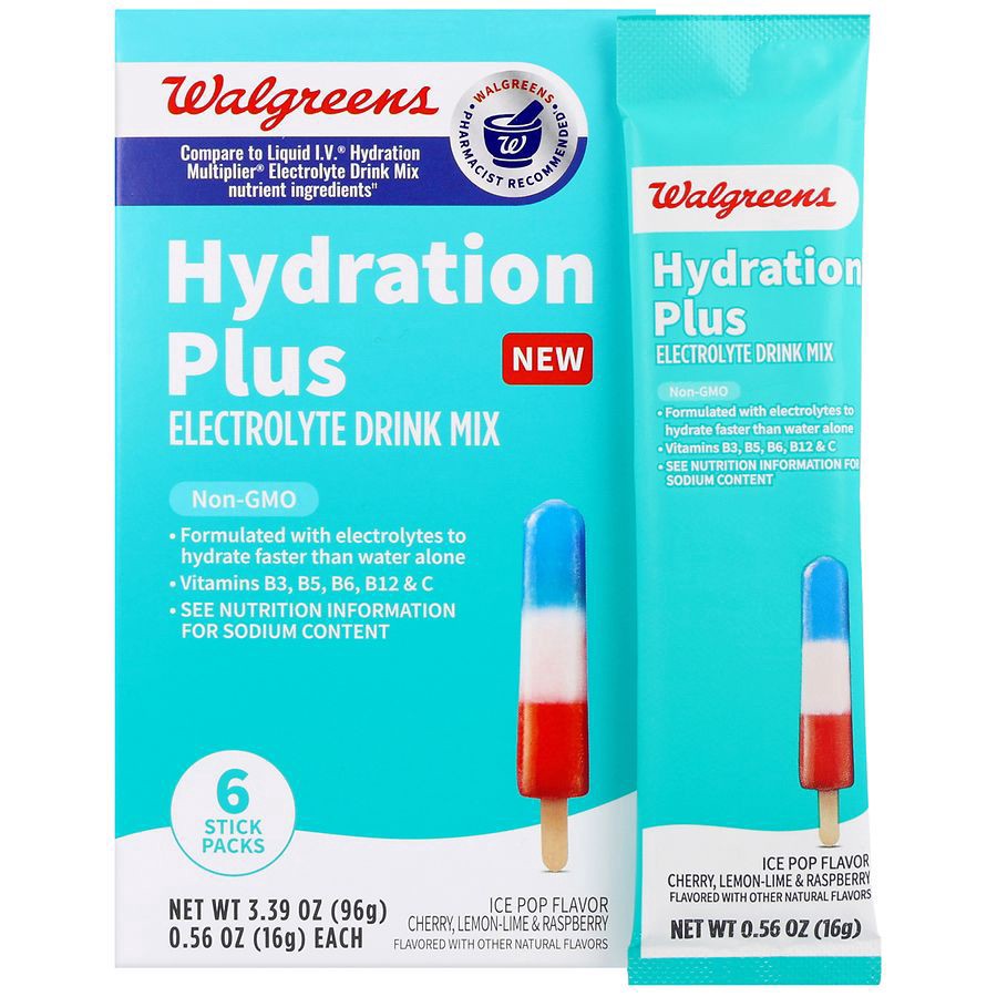 slide 4 of 5, Walgreens Hydration Plus Electrolyte Drink Mix Stick Packs Ice Pop, 0.56 oz x 6 ct