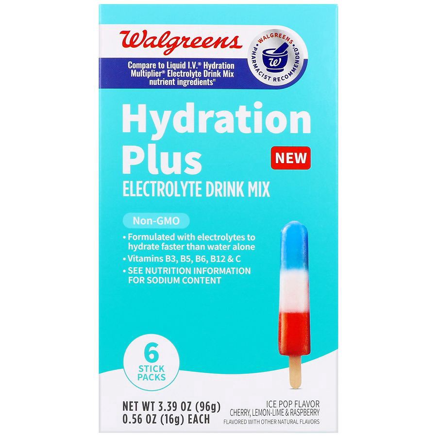 slide 1 of 5, Walgreens Hydration Plus Electrolyte Drink Mix Stick Packs Ice Pop, 0.56 oz x 6 ct