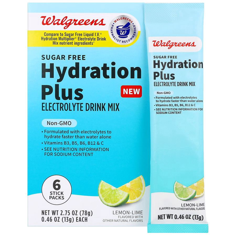 slide 4 of 5, Walgreens Sugar Free Hydration Plus Electrolyte Drink Mix Stick Packs Lemon-Lime, 0.46 oz x 6 ct