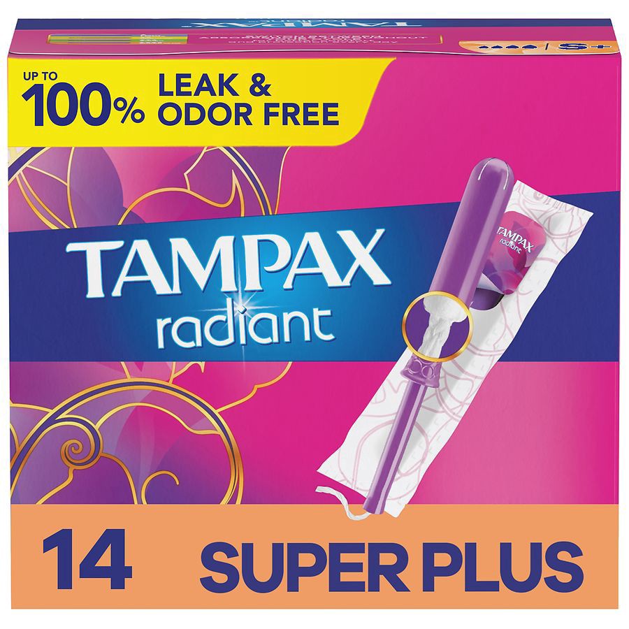 slide 1 of 1, Tampax Radiant Tampons with LeakGuard Braid, Super Plus Absorbency, Unscented, 14 Count, 14 ct