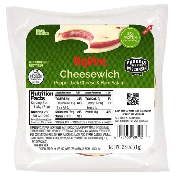 slide 1 of 1, Hy-Vee Pepper Jack Salami Cheesewich, 2.5 oz