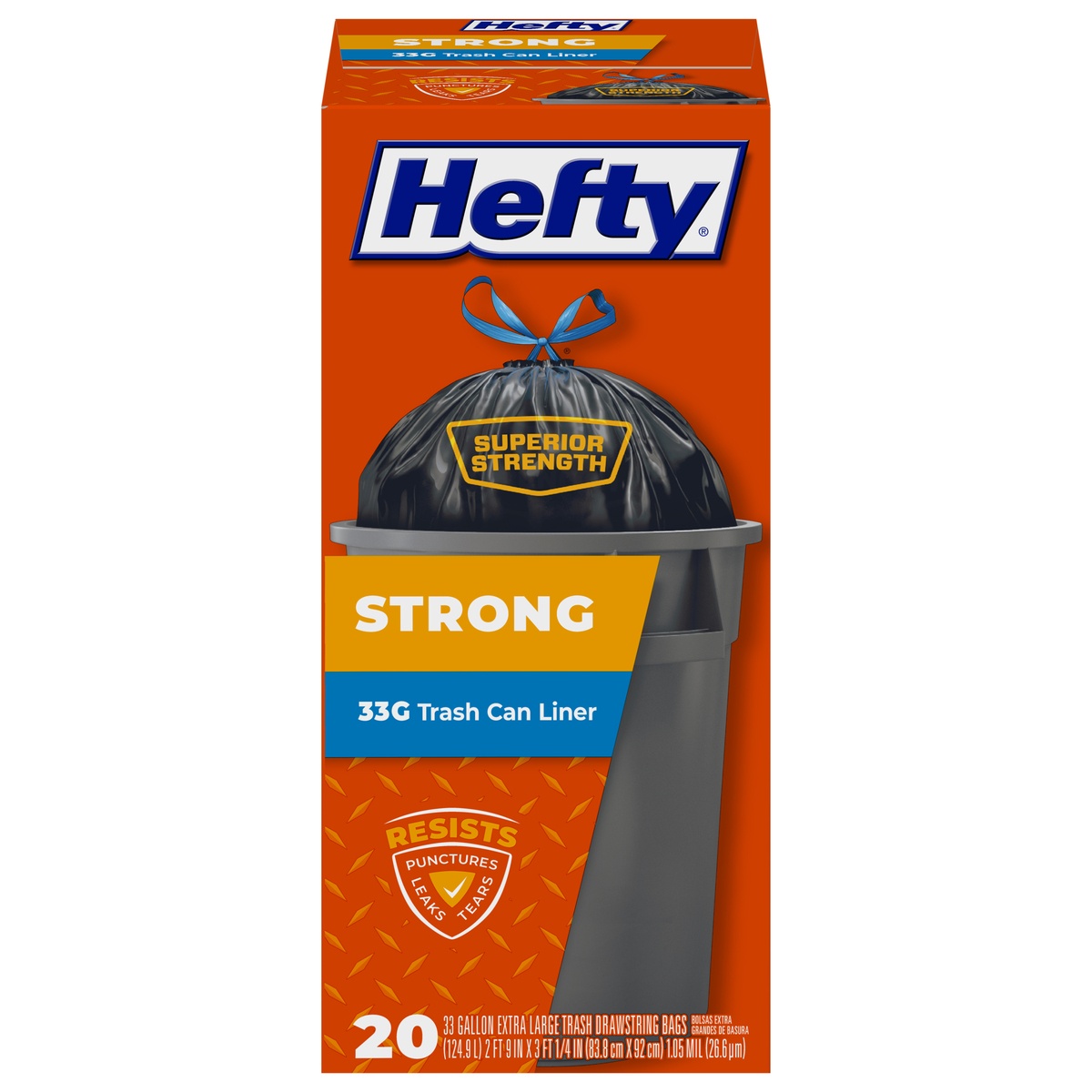 slide 1 of 1, Hefty Extra Strong Trash Can Liner 33 Gallon Extra Large Trash Drawstring Bags, 20 ct