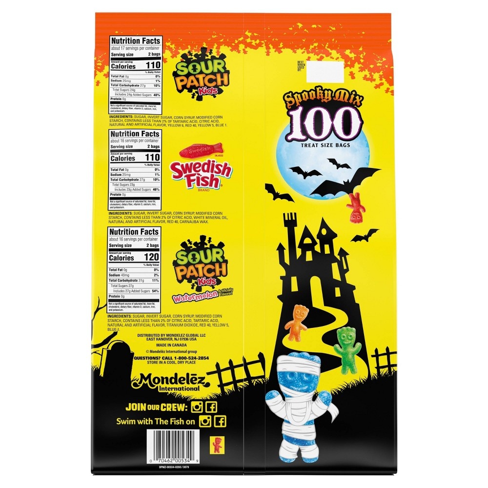 slide 4 of 8, Sour Patch/Swedish Fish Red SOUR PATCH KIDS Candy (Original and Watermelon) and SWEDISH FISH Candy Halloween Candy Variety Pack, 100 Trick or Treat Snack Packs, 3.45 lb