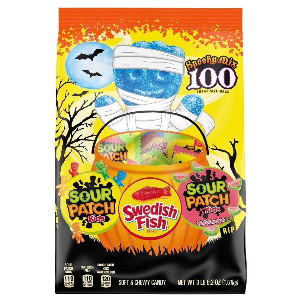 slide 8 of 8, Sour Patch/Swedish Fish Red SOUR PATCH KIDS Candy (Original and Watermelon) and SWEDISH FISH Candy Halloween Candy Variety Pack, 100 Trick or Treat Snack Packs, 3.45 lb