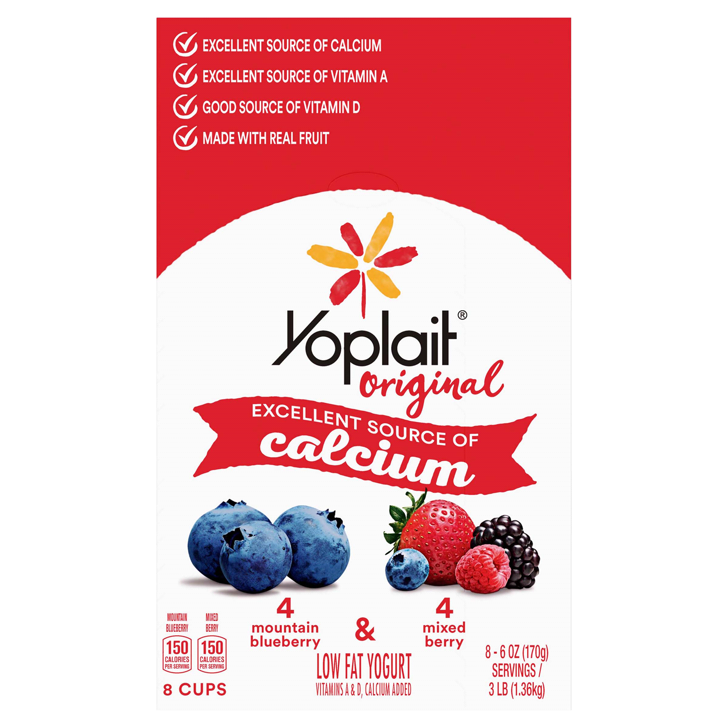 slide 1 of 2, Yoplait Original Low Fat Yogurt Variety Pack, Mountain Blueberry and Mixed Berry, Made with Real Fruit, 8 Yogurt Cups, 48 oz, 8 ct; 6 oz