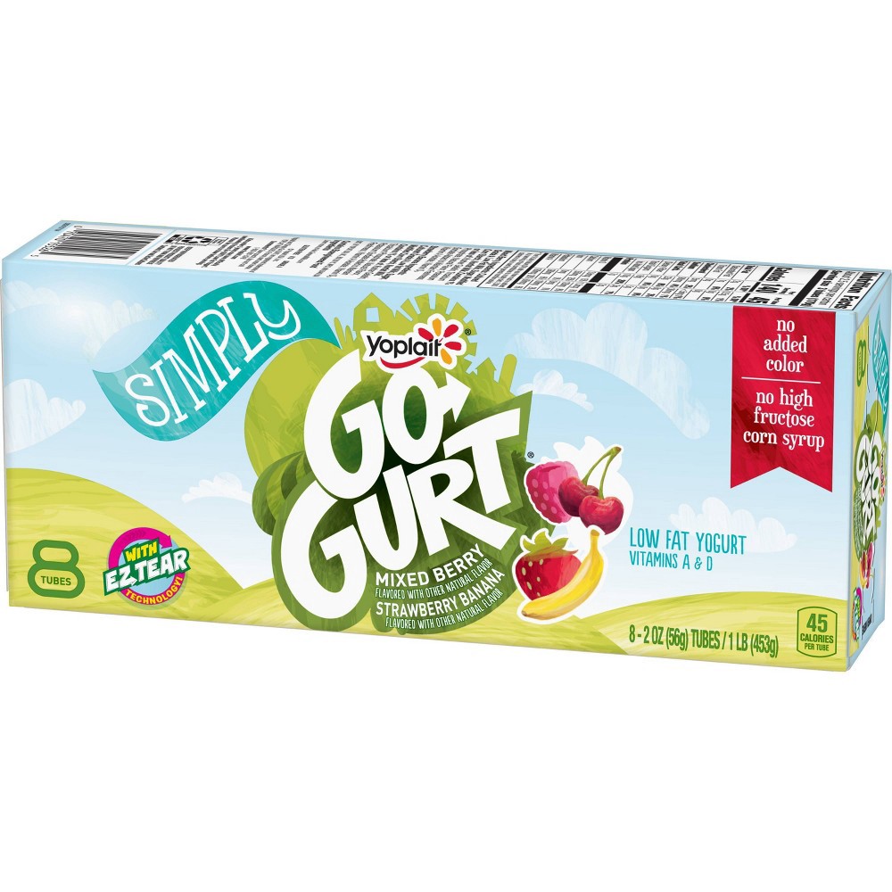 slide 2 of 3, Go-Gurt Simply Go-GURT Mixed Berry and Strawberry Banana Kids Low Fat Yogurt Variety Pack, Gluten Free, 2 oz Yogurt Tubes (8 Count), 8 ct
