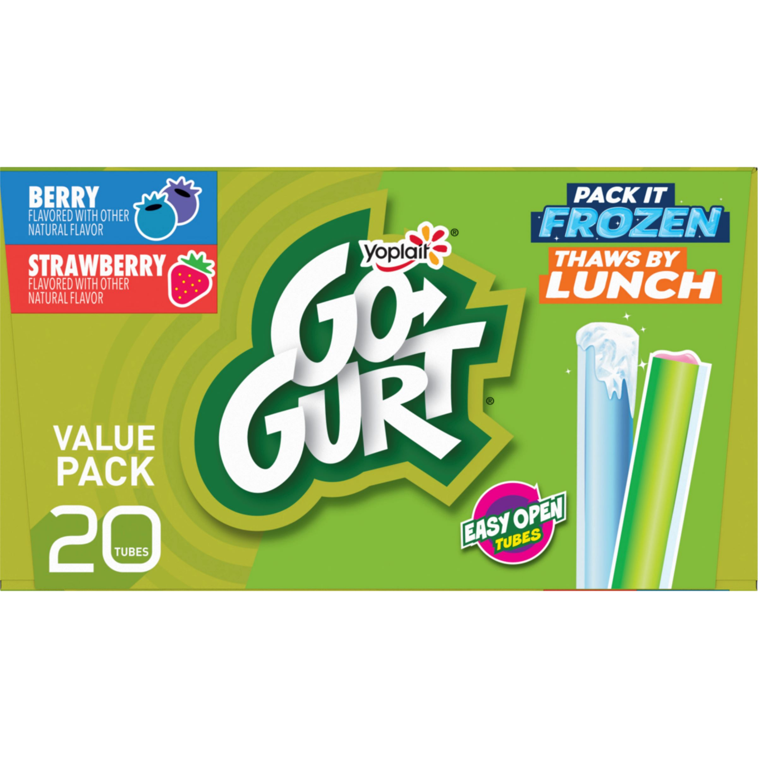 slide 2 of 5, Go-GURT Berry and Strawberry Kids Fat Free Yogurt Variety Pack, Gluten Free, 2 oz Yogurt Tubes (20 Count), 20 ct
