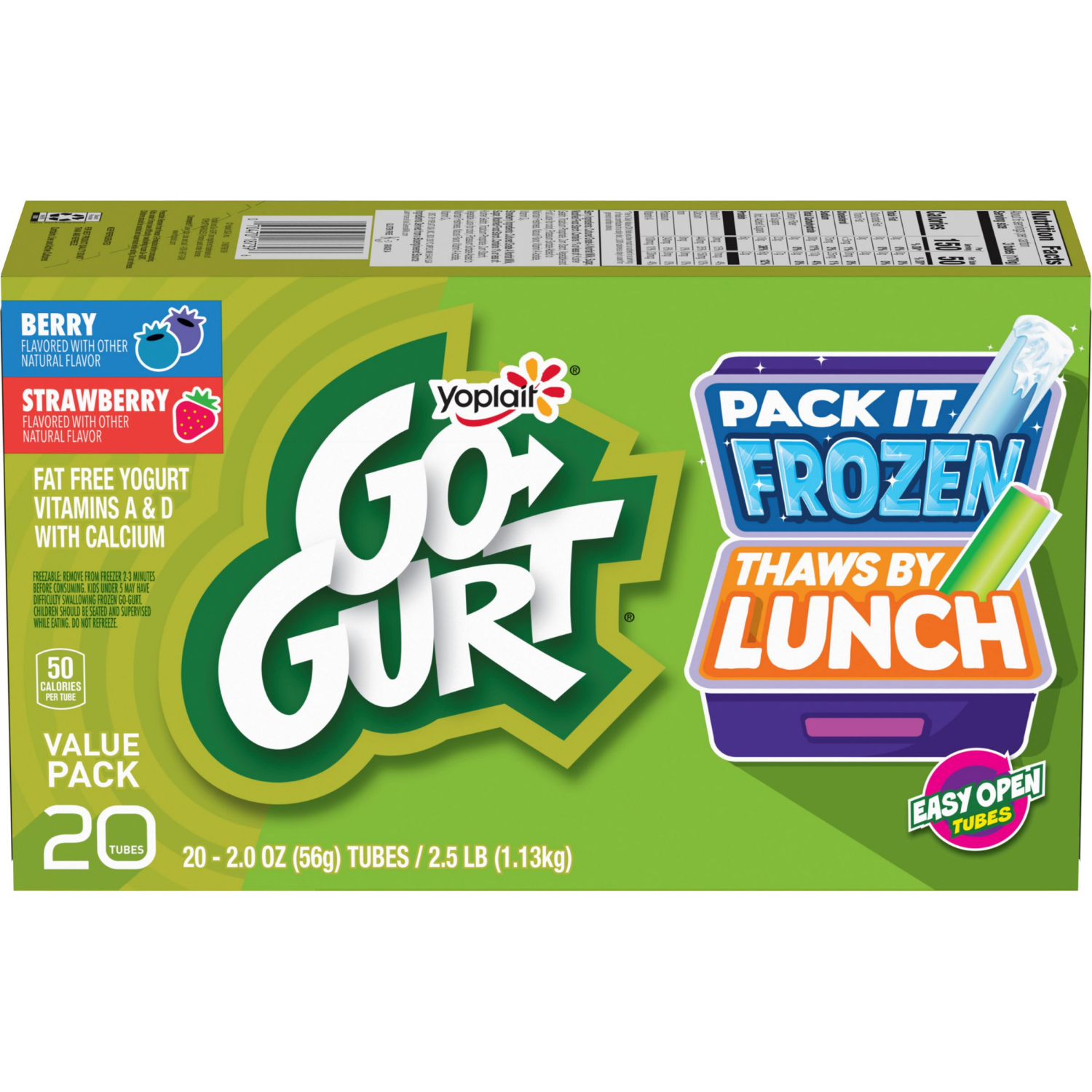 slide 1 of 5, Go-GURT Berry and Strawberry Kids Fat Free Yogurt Variety Pack, Gluten Free, 2 oz Yogurt Tubes (20 Count), 20 ct