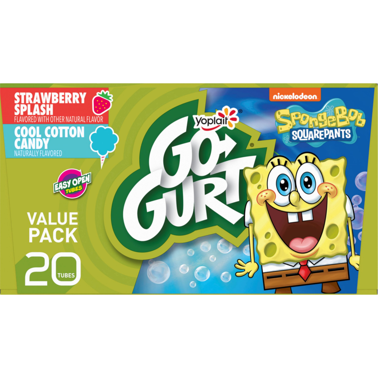 slide 2 of 5, Go-GURT SpongeBob SquarePants Strawberry Splash and Cool Cotton Candy Kids Fat Free Yogurt Variety Pack, Gluten Free, 2 oz Yogurt Tubes (20 Ct), 20 ct