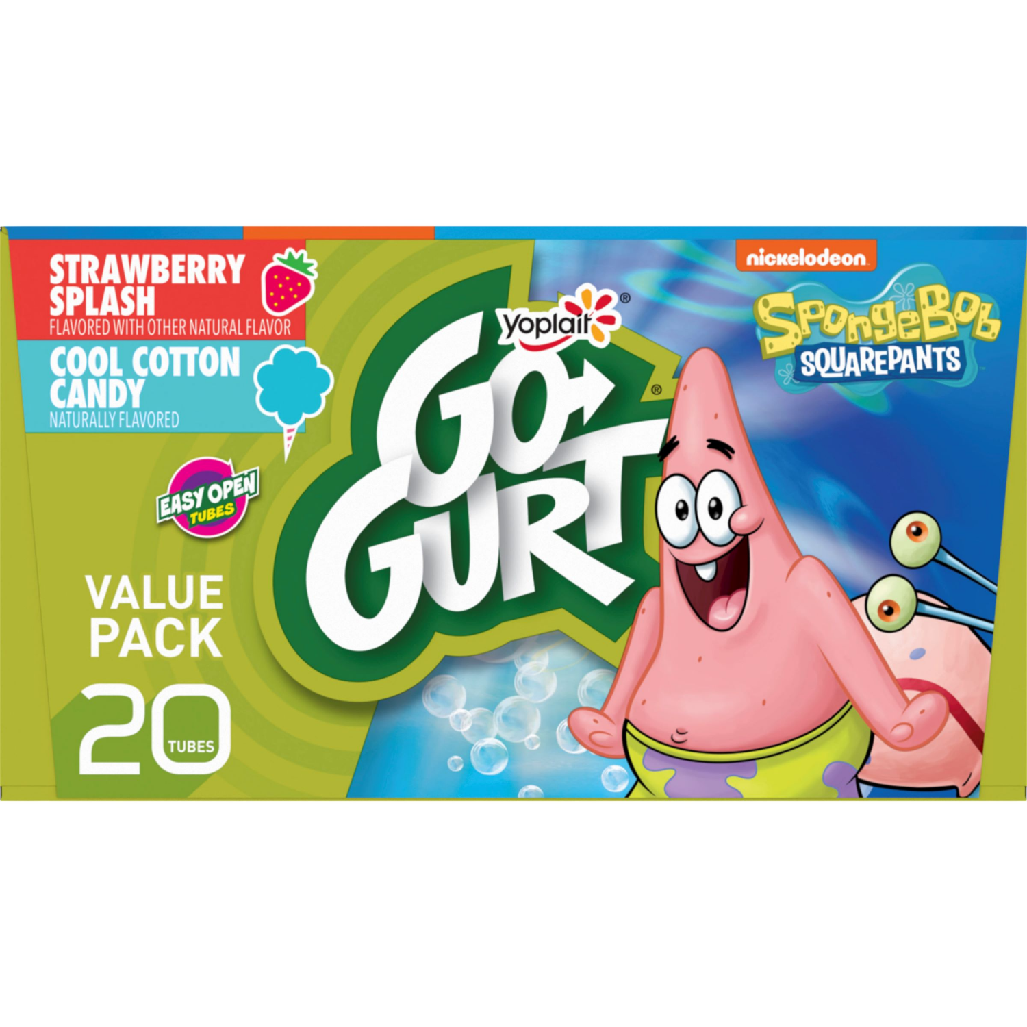 slide 3 of 5, Go-GURT SpongeBob SquarePants Strawberry Splash and Cool Cotton Candy Kids Fat Free Yogurt Variety Pack, Gluten Free, 2 oz Yogurt Tubes (20 Ct), 20 ct