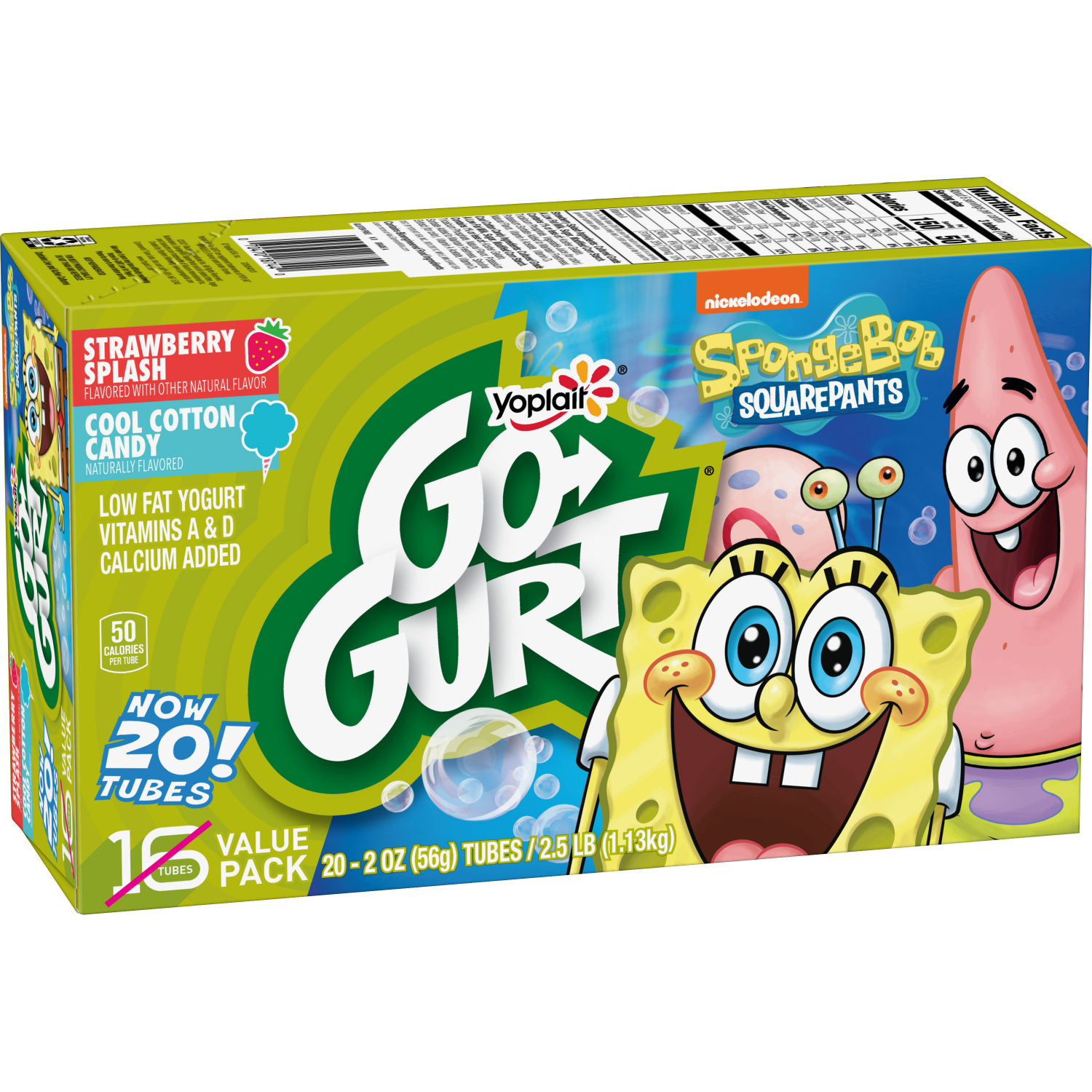 slide 4 of 5, Go-GURT SpongeBob SquarePants Strawberry Splash and Cool Cotton Candy Kids Fat Free Yogurt Variety Pack, Gluten Free, 2 oz Yogurt Tubes (20 Ct), 20 ct