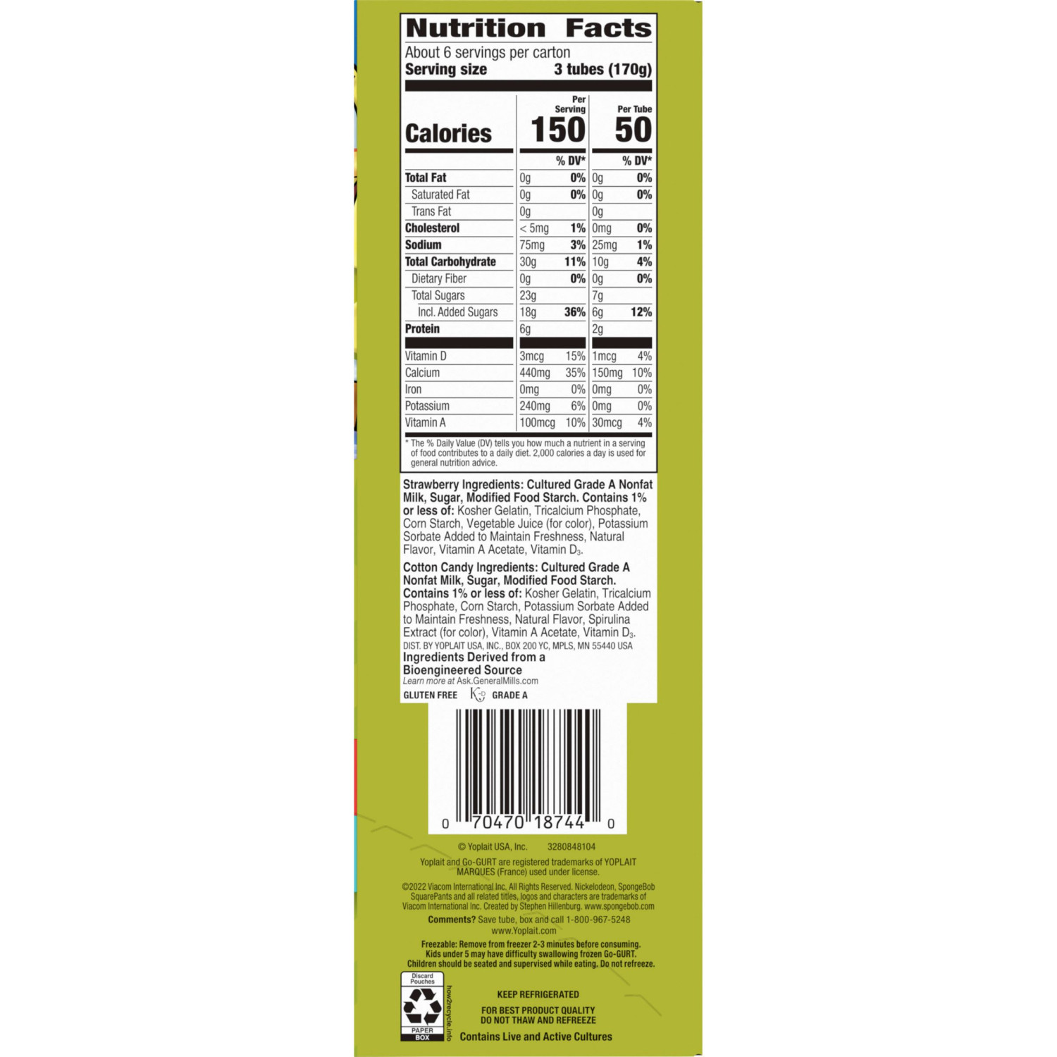 slide 5 of 5, Go-GURT SpongeBob SquarePants Strawberry Splash and Cool Cotton Candy Kids Fat Free Yogurt Variety Pack, Gluten Free, 2 oz Yogurt Tubes (20 Ct), 20 ct