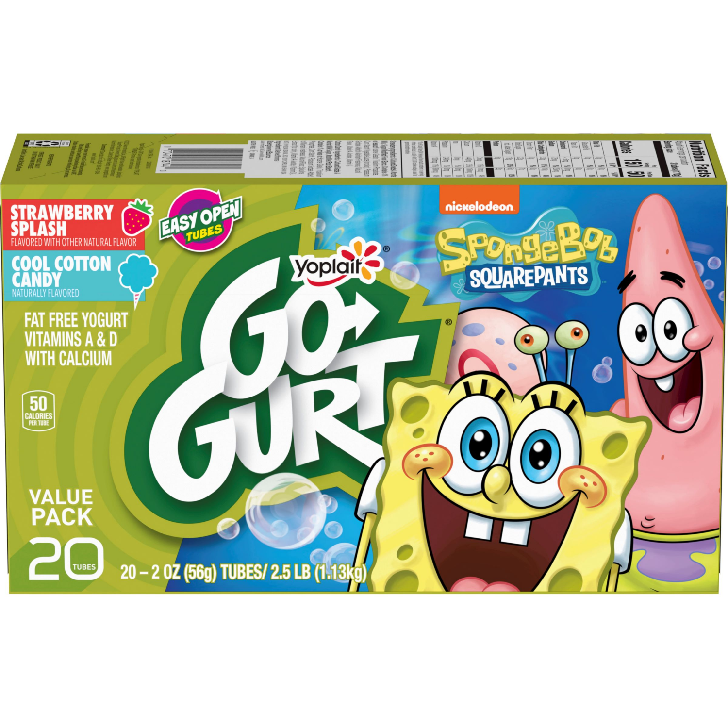 slide 1 of 5, Go-GURT SpongeBob SquarePants Strawberry Splash and Cool Cotton Candy Kids Fat Free Yogurt Variety Pack, Gluten Free, 2 oz Yogurt Tubes (20 Ct), 20 ct