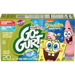 Go-GURT SpongeBob SquarePants Strawberry Splash and Cool Cotton Candy Kids Fat Free Yogurt Variety Pack, Gluten Free, 2 oz Yogurt Tubes (20 Ct)