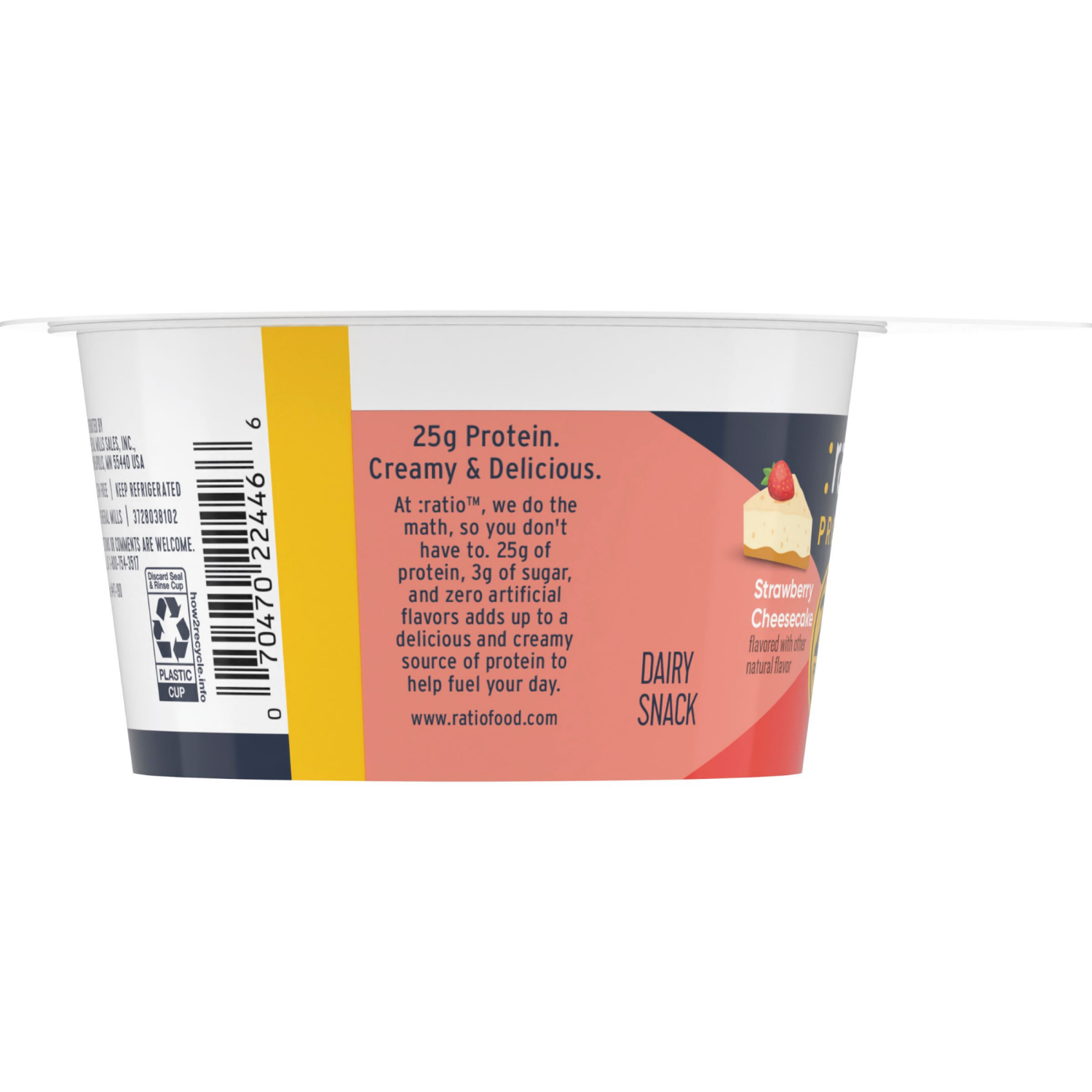 slide 3 of 5, :ratio 25g Protein Strawberry Cheesecake Dairy Snack, 5.3 oz