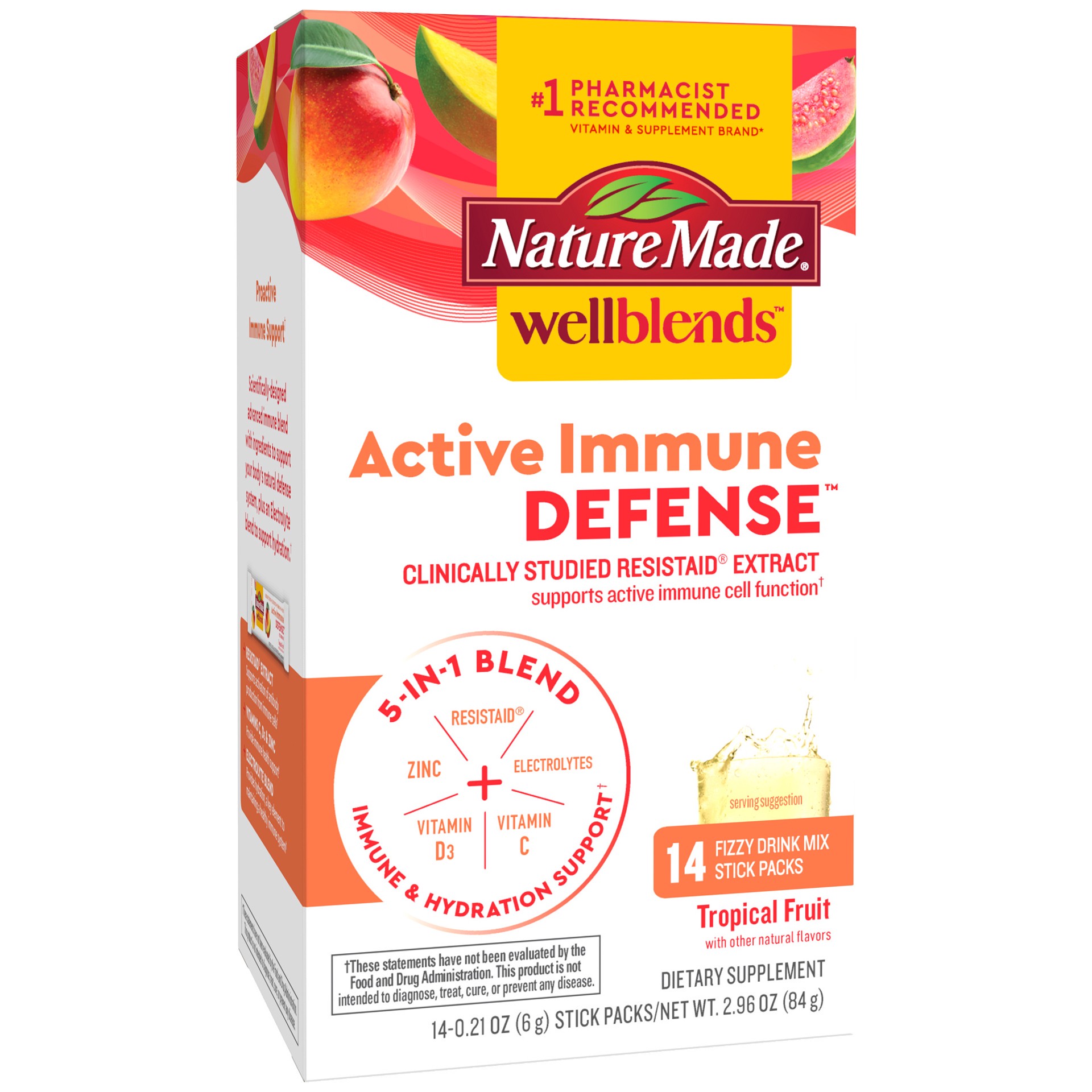 slide 5 of 7, Nature Made Wellblends Active Immune Defense Fizzy Drink Mix, ResistAid, Vitamin C 500mg, Vitamin D 1000 IU, Zinc, and Electrolytes Powder, 14 Stick Packs, 14 ct