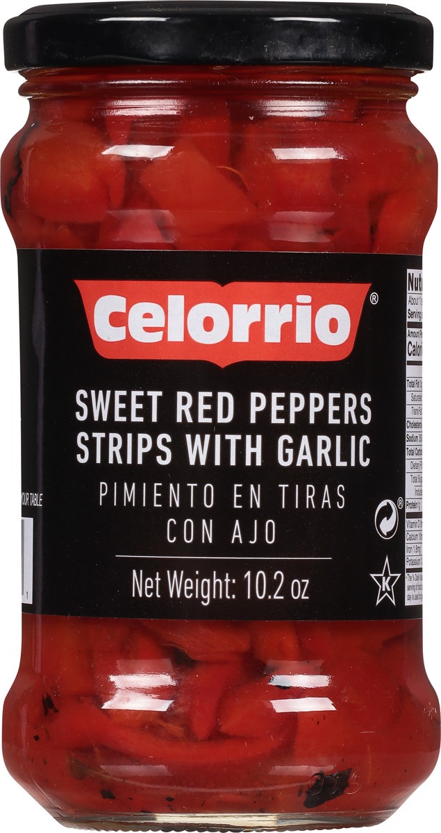slide 2 of 9, Celorrio Sweet Red Peppers Strips with Garlic 10.2 oz, 12 oz
