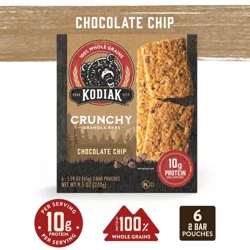 Kodiak Cakes Crunchy Granola Bar, Chocolate Chip, 9.5 oz/6 ct