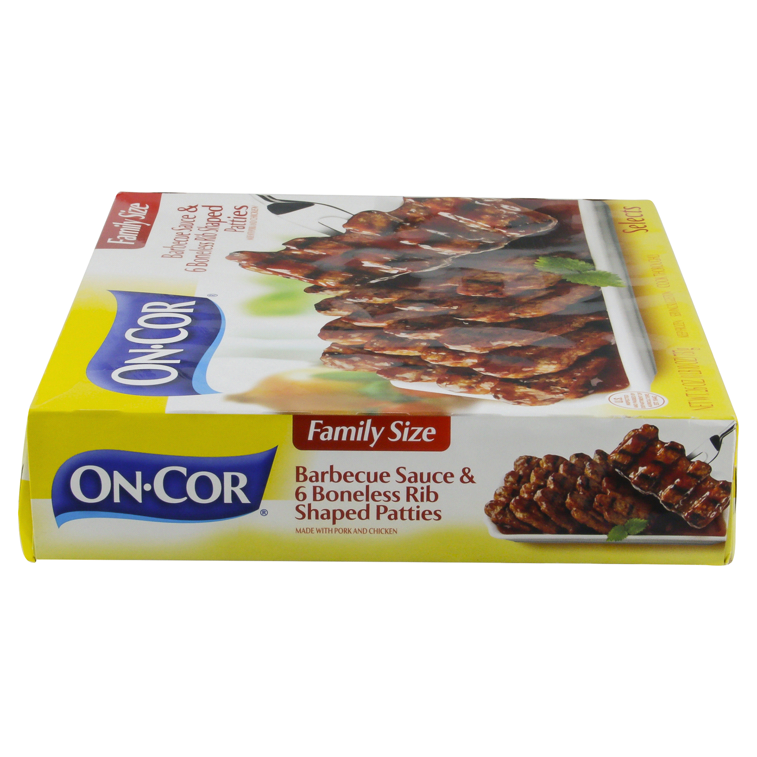 slide 2 of 4, On-Cor Barbecue Sauce & Boneless Rib Shaped Patties 6 Each, 6 ct