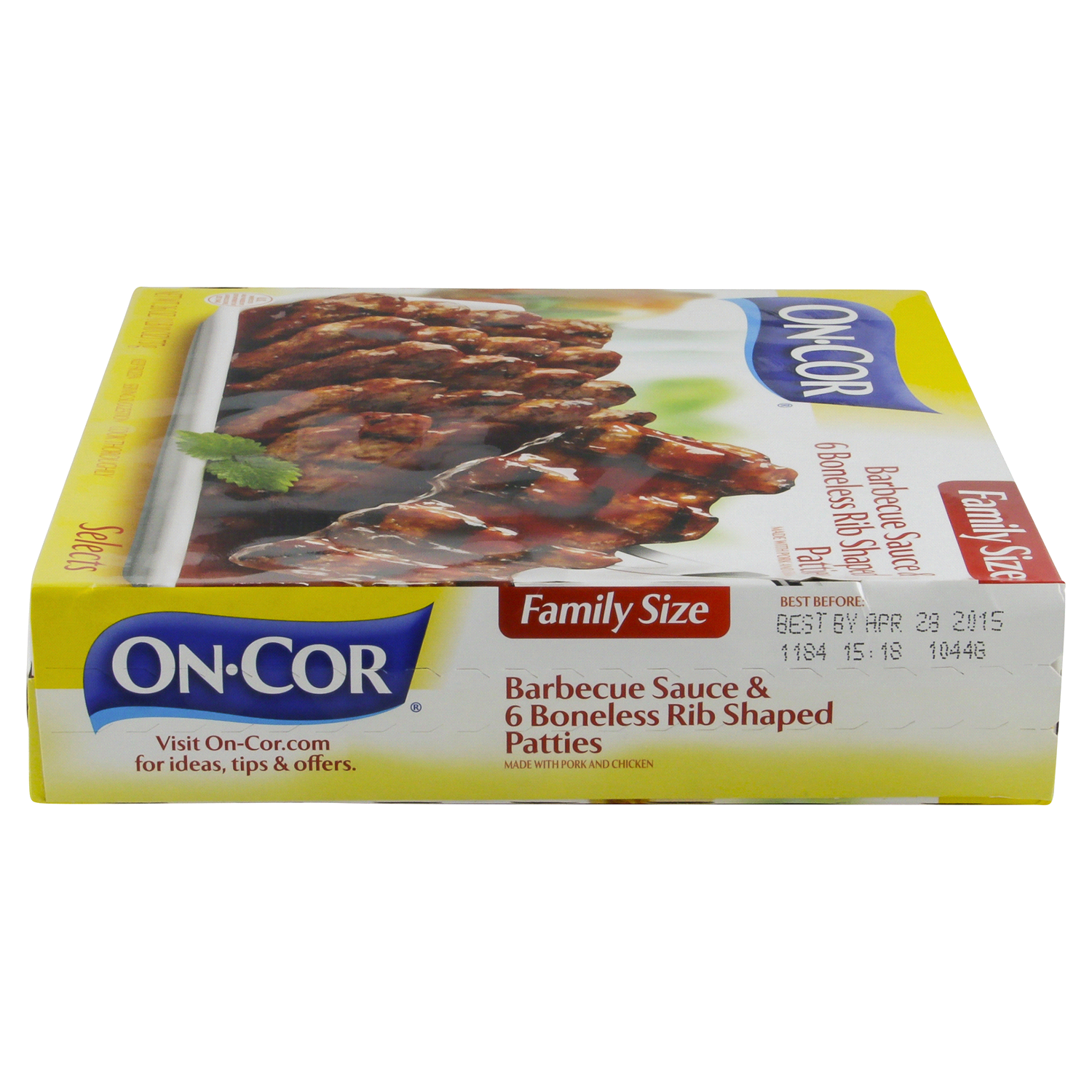 slide 3 of 4, On-Cor Barbecue Sauce & Boneless Rib Shaped Patties 6 Each, 6 ct