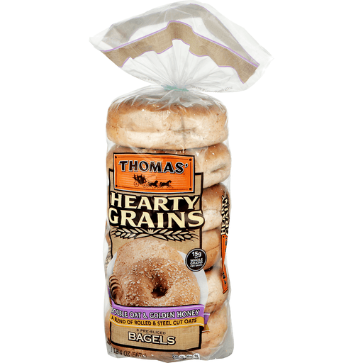 slide 2 of 9, Thomas' Hearty Grains Pre-Sliced Bagels Double Oat & Golden Honey, 6 ct; 28 oz